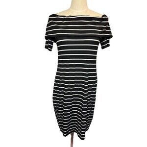 Juicy Couture Black White Striped Off Shoulder Ribbed Bodycon Dress L EUC
